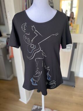 Christine Alexander Black Short-Sleeve Tee with Rhinestone Guitar Motif